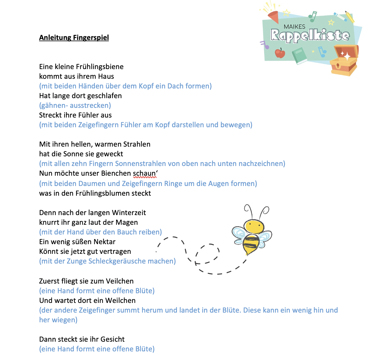 Fingerspiel - Eine kleine Frühlingsbiene 🐝